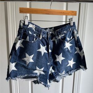 YMI Blue Star-Patterned Destructed Jean Shorts